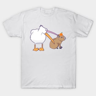 Pelican Tries to Eat Capybara Orange  Funny Cute Kawaii Meme T-Shirt